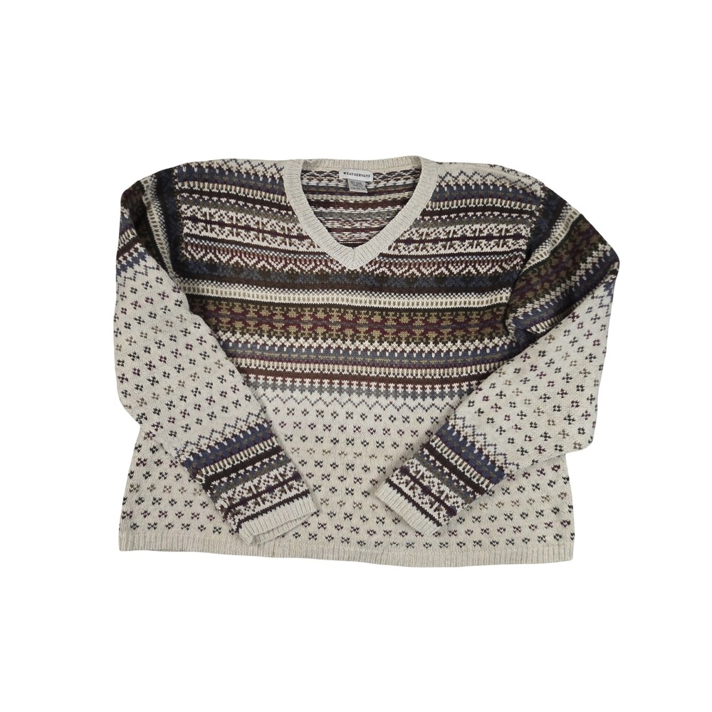 Fair Isle Nordic V Neck Sweater Geometric Knit Brown Cream Blue Cozy Vintage L